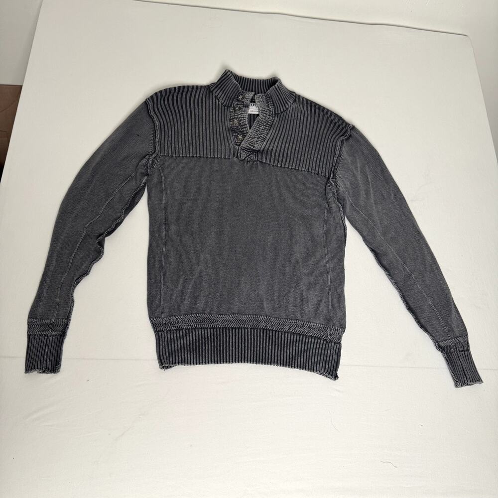 KE Distressed Knit Sweater Mens Medium Gray Mock Neck Button Pullover‎ Buckle